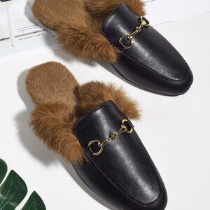 Black Casual Women's Wide Fit Fluffy Horsebit Loafer Mules